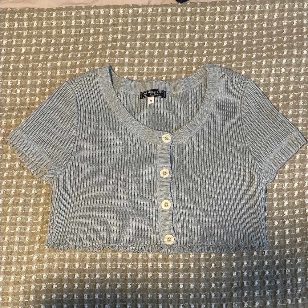 Light Blue Ribbed Button Crop Top Sweater - Picture 2 of 4